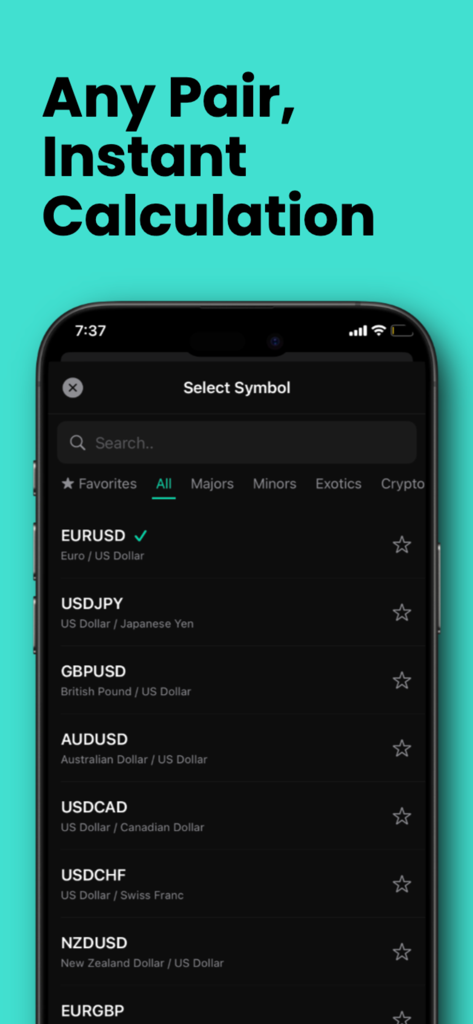 Forex Calculator & Tools - Interfaccia dell'app Calcolatore Forex che mostra un elenco di coppie di valute per la selezione del simbolo.