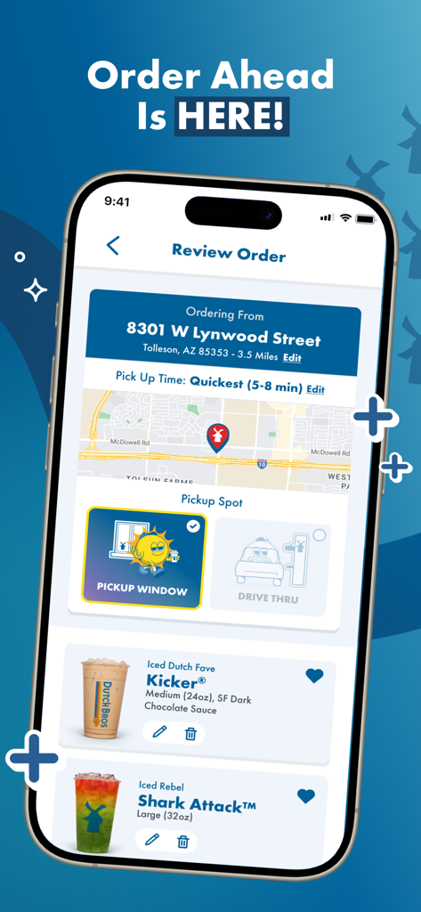 Bildschirm der Dutch Bros Mobile App, der die Funktion "Order Ahead" und die Auswahl des Abholfensters demonstriert