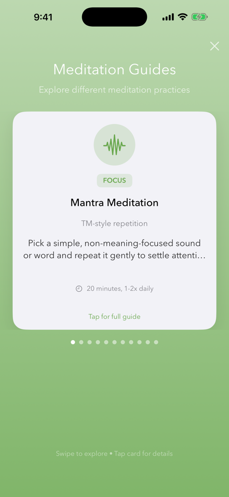 Dharma Wellness - Interfaz de guía de enfoque de meditación con mantra en la aplicación Dharma Wellness que muestra los detalles de la sesión