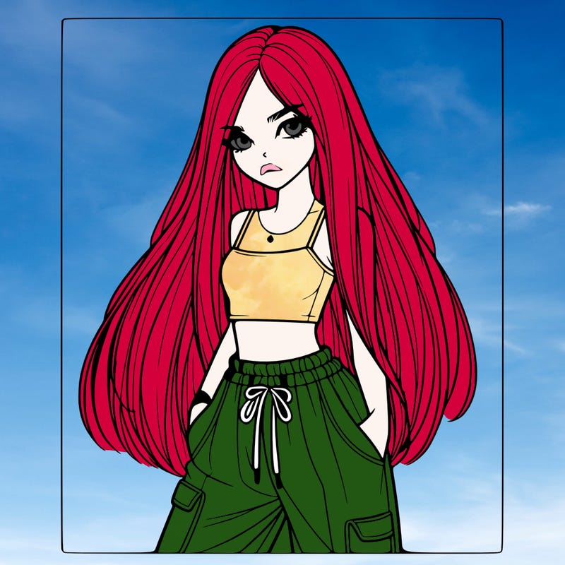 beautiful realistic girl with straight hair and baggy pants