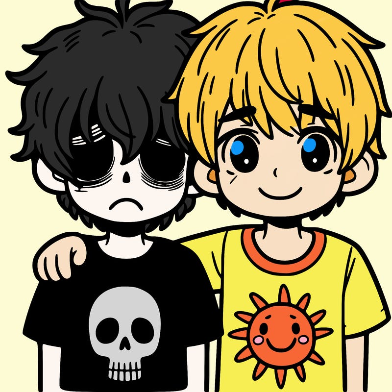two boys one with a skull on his shirt and shaggy hair looking sad and the other boy with neat hair and sunny shirt looking happy with their arms around each other