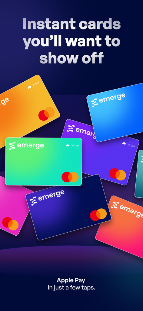 Emerge: Money Made Easy - A collection of colorful virtual Mastercard cards from the Emerge finance app