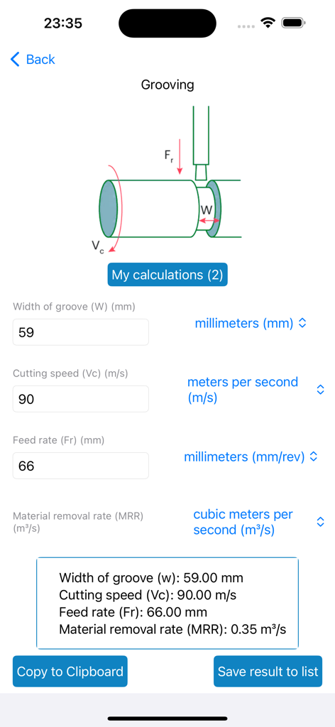 Material Removal Rate - Grooving calculation screen of the Material Removal Rate app showing input fields and a technical diagram