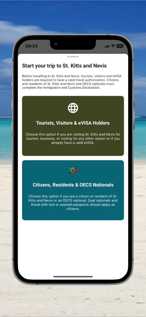 e-Border - St. Kitts & Nevis - Selection screen for tourists and citizens in the e-Border St Kitts and Nevis official app