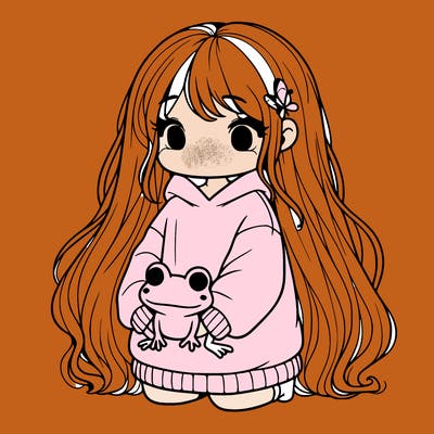 girl with long hair wearing an oversized shirt holding a frog