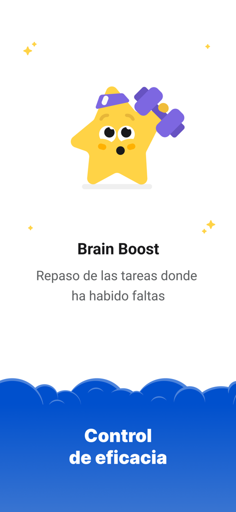 Simpler: English learning app - Une mascotte étoile jaune soulevant des poids pour la fonction Brain Boost dans l'application d'apprentissage de l'anglais Simpler.
