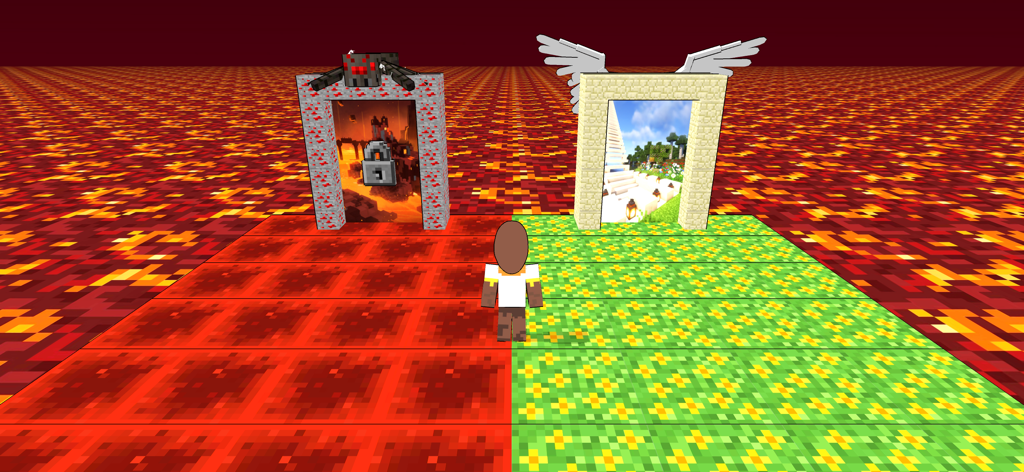 Tenge Jump Up: Heaven or Hell - A blocky character standing between a heaven portal with wings and a locked hell portal with a spider above it