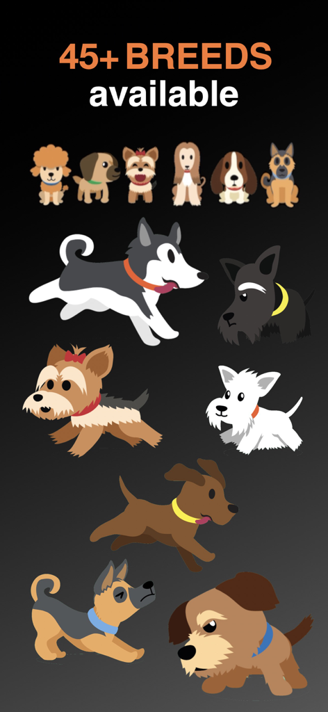 StepDog: Step Counter with Dog - A collection of various cartoon dog breeds available in the StepDog app.