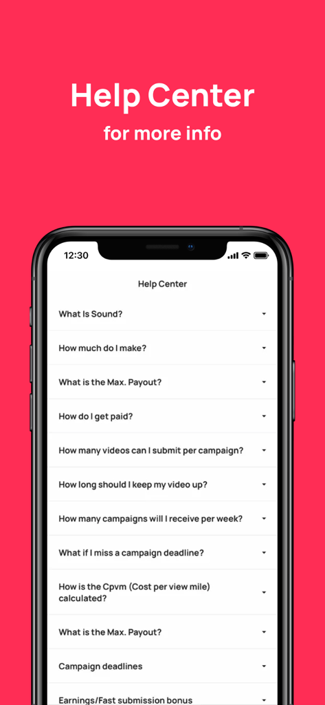 Sound.me - The Help Center screen of the Sound.me app showing a list of frequently asked questions for content creators about payments and campaigns.