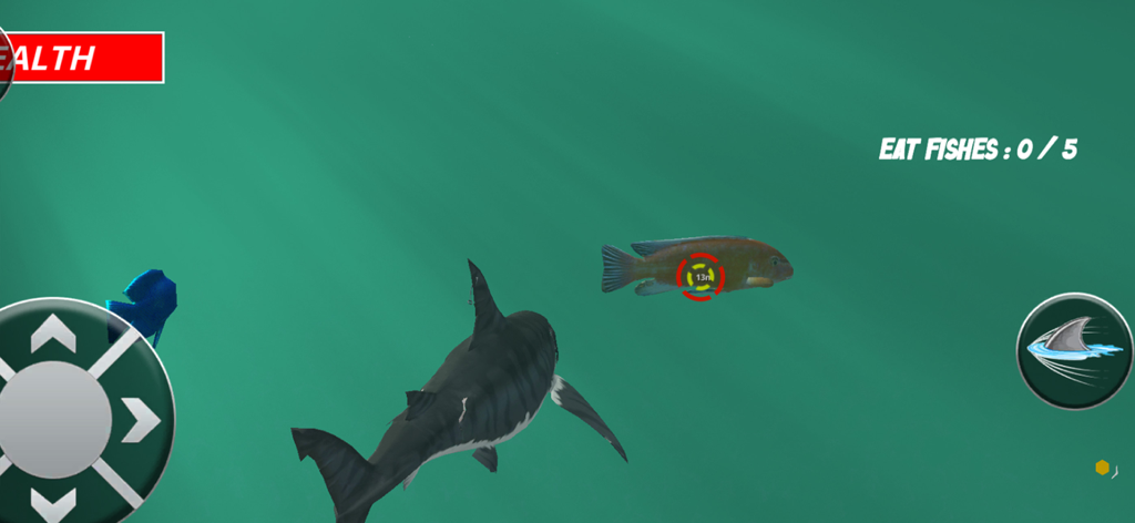 A shark hunting small fish in the 3D underwater environment of Shark Simulator 3D