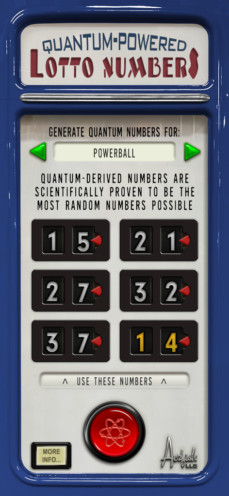Quantum Powered Lotto Numbers app interface generating random Powerball numbers