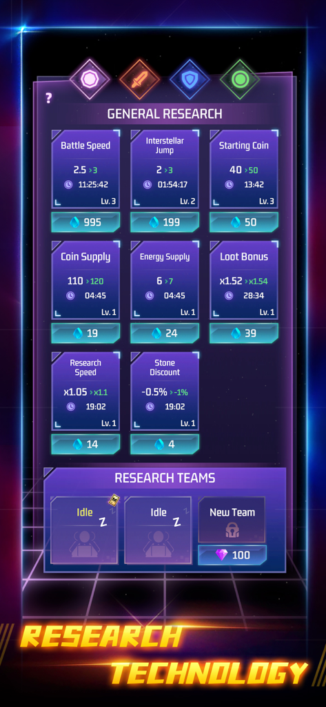 Space Tower - Galaxy Tower TD - Space Tower Galaxy Tower TD general research menu showing tech upgrades like battle speed and loot bonus