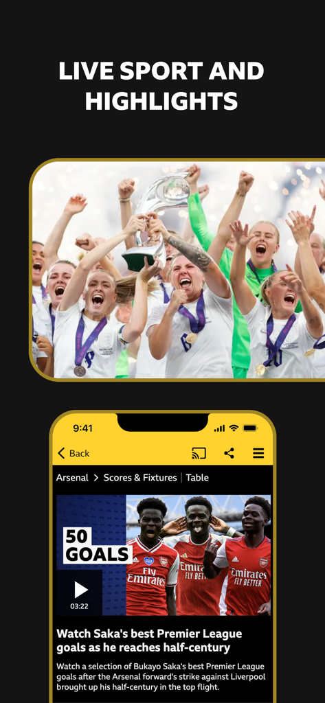 BBC Sport mobile app interface for live highlights and football news