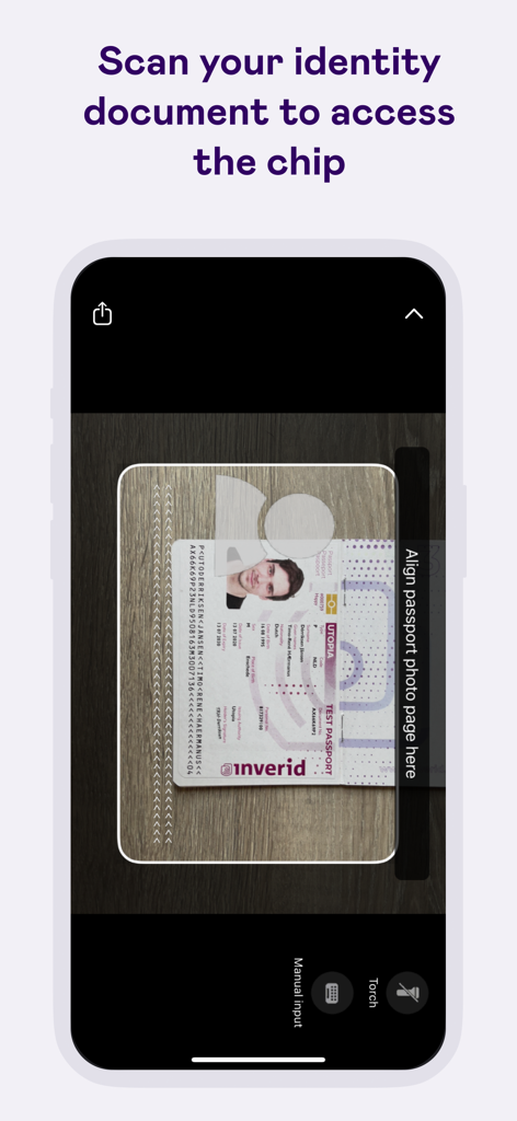 ReadID Me - A smartphone screen showing the ReadID Me app interface scanning a passport photo page to access the electronic chip.