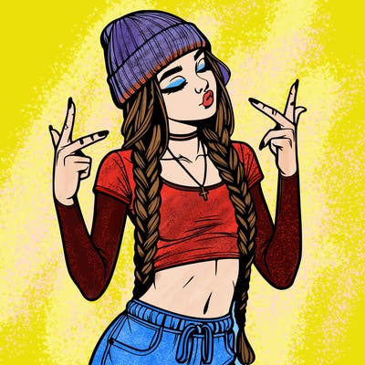 realistic teenage girl with braids and a beanie and crop top doing 🫶🏼