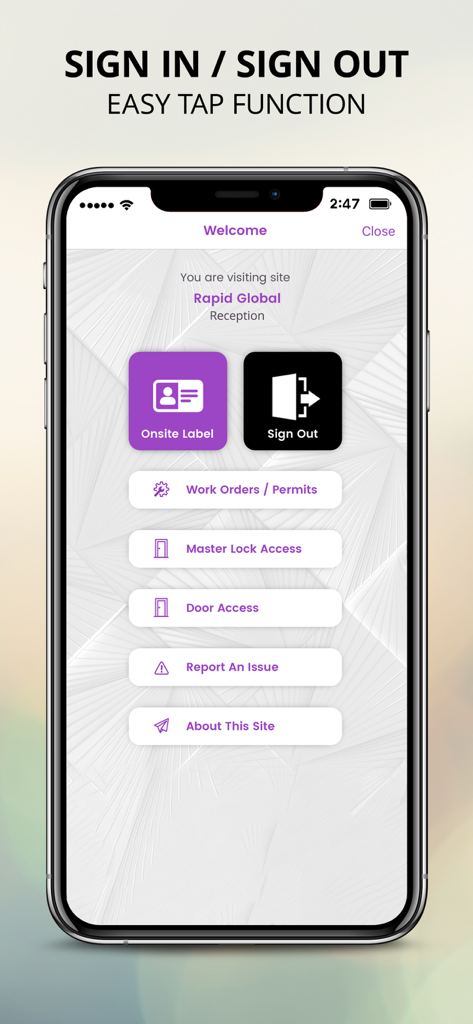 Rapid Access - A smartphone screen displaying the Rapid Access app sign in and sign out features for industrial workplace access