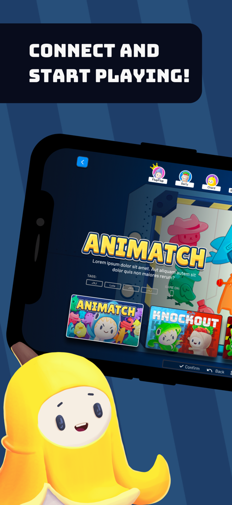 Play Friends: Party Games - Smartphone screen showing the Play Friends Party Games interface with mini-games like Animatch and Knockout