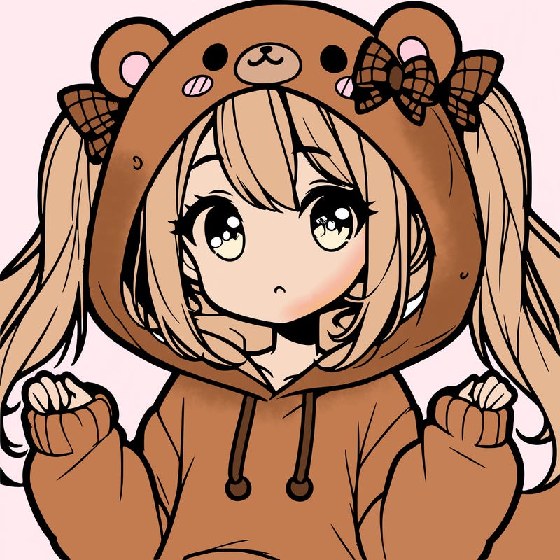 cute anime girl with ponytails and a cute bear hoodie
