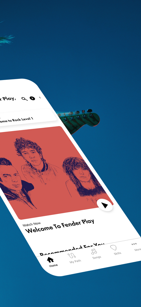Fender Play: Learn Guitar - Fender Play app interface showing the home screen with a welcome video and bottom navigation menu