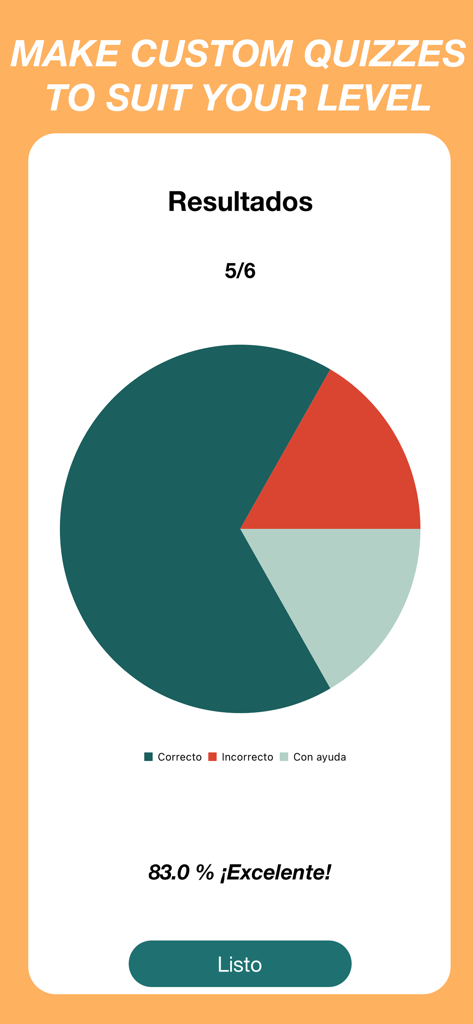 Spanish Verbs Quiz - A results screen in the Spanish Verbs Quiz app showing a performance pie chart with 83 percent accuracy.