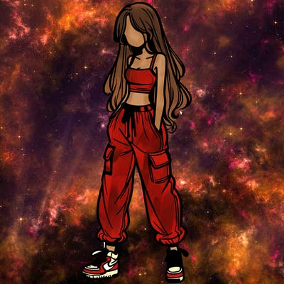 girl in baggy pants crop top and long hair