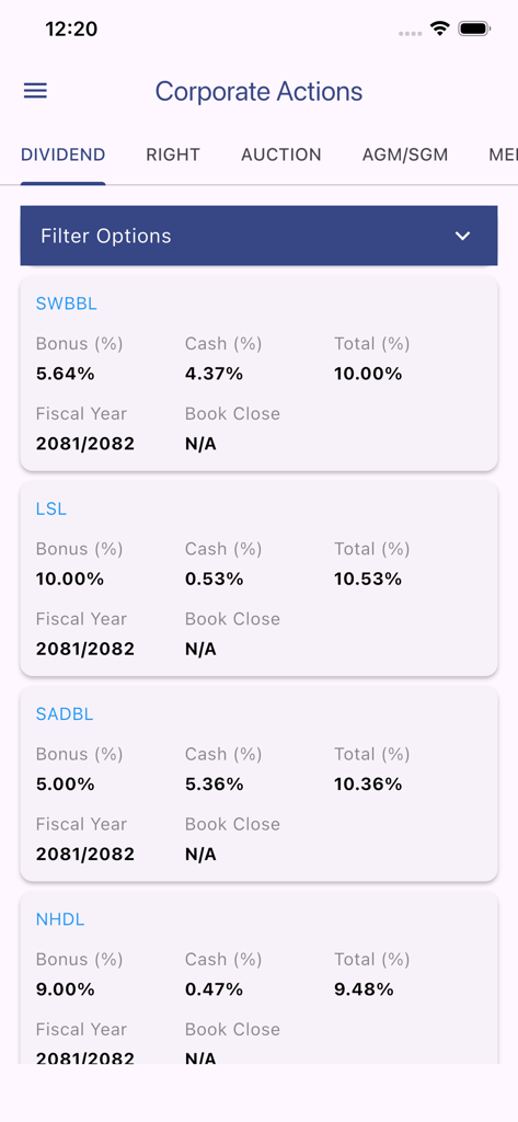Vision Securities pvt ltd - A mobile screen from the Vision Securities app displaying corporate actions specifically showing dividend percentages for various companies listed on the NEPSE.