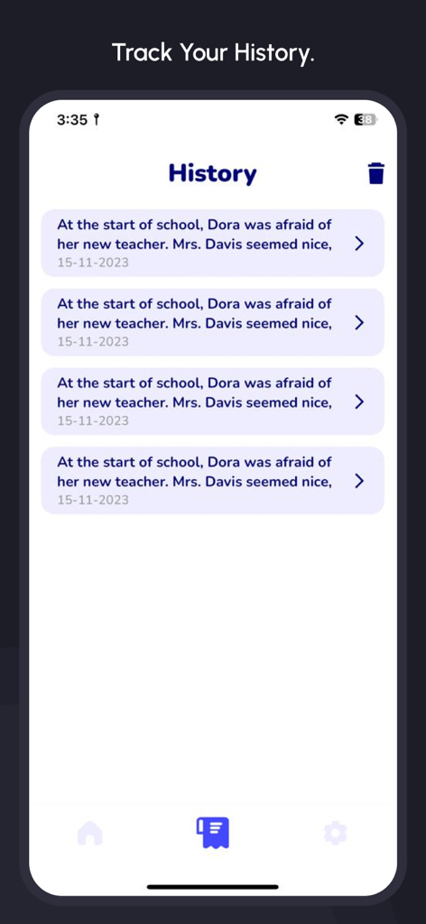 The history screen of the Grammar Check app displaying past text corrections and dates.