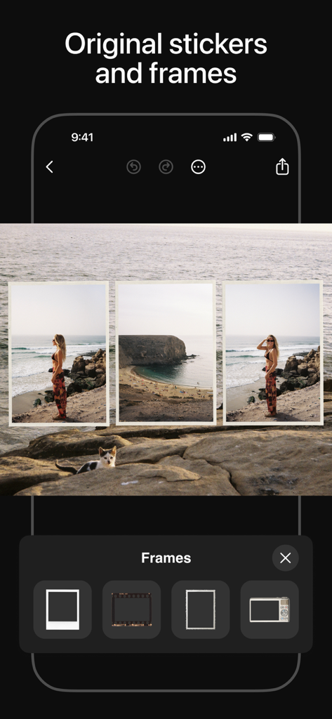 Interface de l'application SCRL montrant des cadres photo originaux et des autocollants appliqués à un collage de plage.