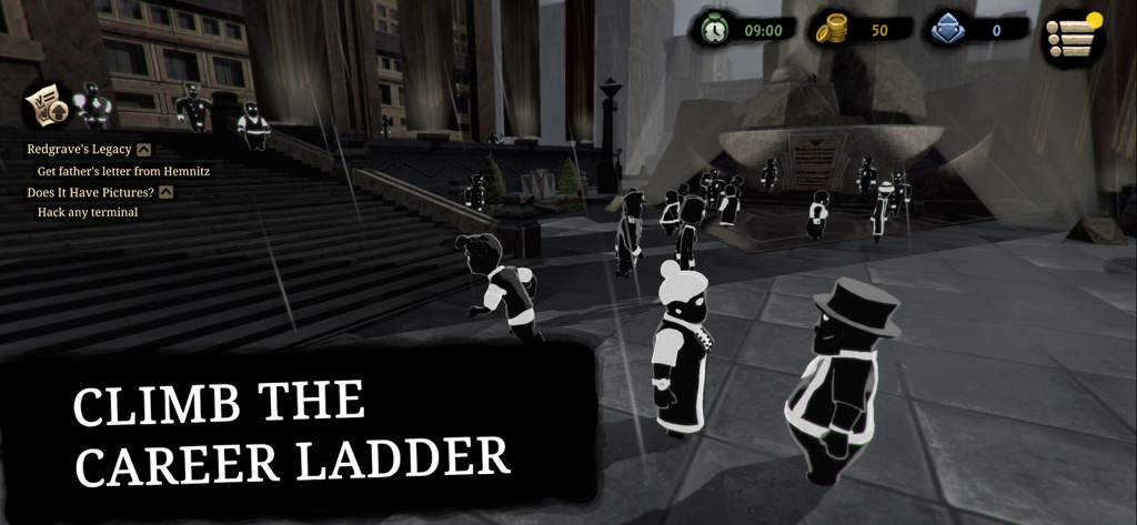 Beholder 2 - A gameplay screenshot of Beholder 2 featuring dark silhouette characters in a dystopian plaza with the text Climb the Career Ladder.
