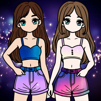 two sisters with crop tops and jean shorts and straight hair