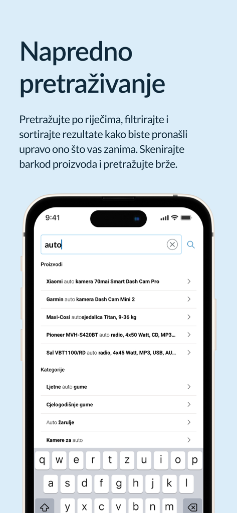 Eine mobile Benutzeroberfläche für die Nabava.net App, die eine erweiterte Suche für Autoprodukte einschließlich Dashcams und Reifen anzeigt.