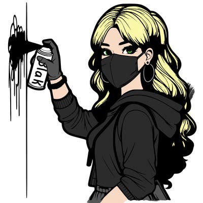 realistic girl with mask spray painting a wall