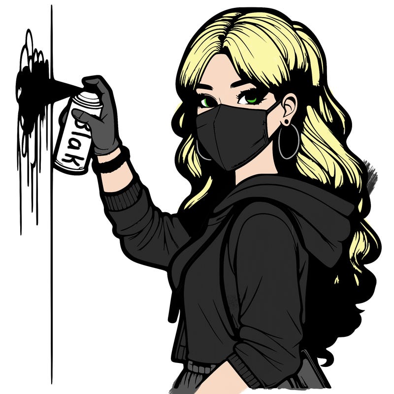 realistic girl with mask spray painting a wall