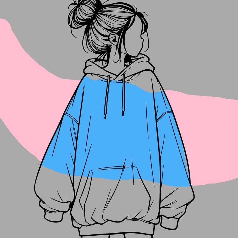 realistic girl with a oversized sweatshirt on and a bun