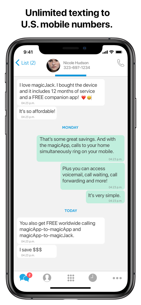 Interface de messagerie magicApp montrant les SMS illimités vers les numéros de mobile américains et les détails de la conversation