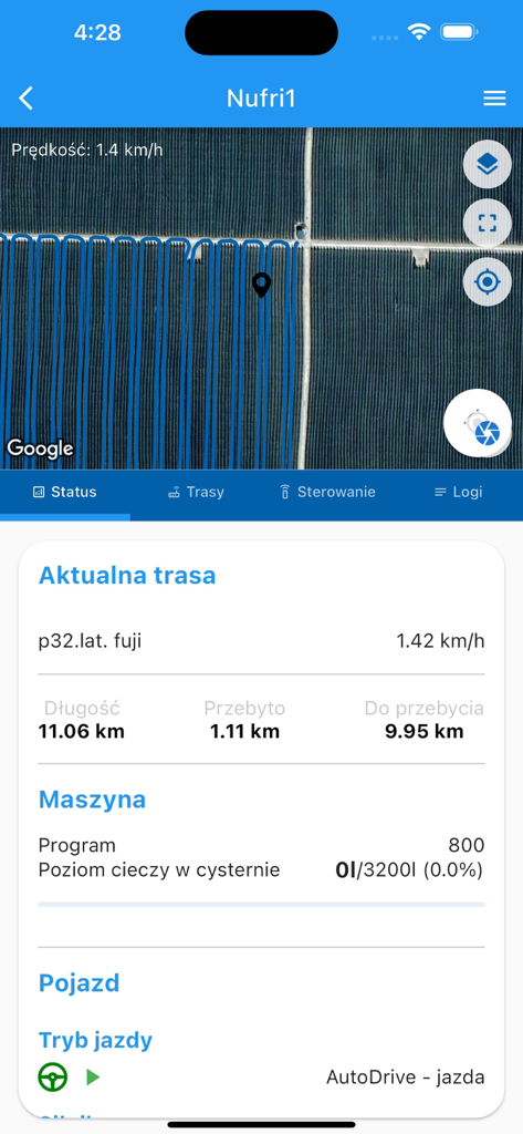 Gotrack App - Gotrack App interface displaying autonomous tractor route status, speed, and field mapping for precision agriculture.