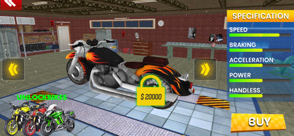 Motorcycle customization screen showing bike specifications and purchase options in the garage