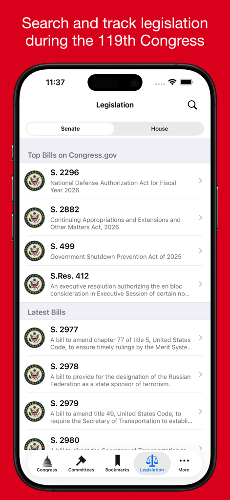 Congress Pro - A mobile interface for tracking legislation within the Congress Pro app, showing lists of top and latest Senate bills.
