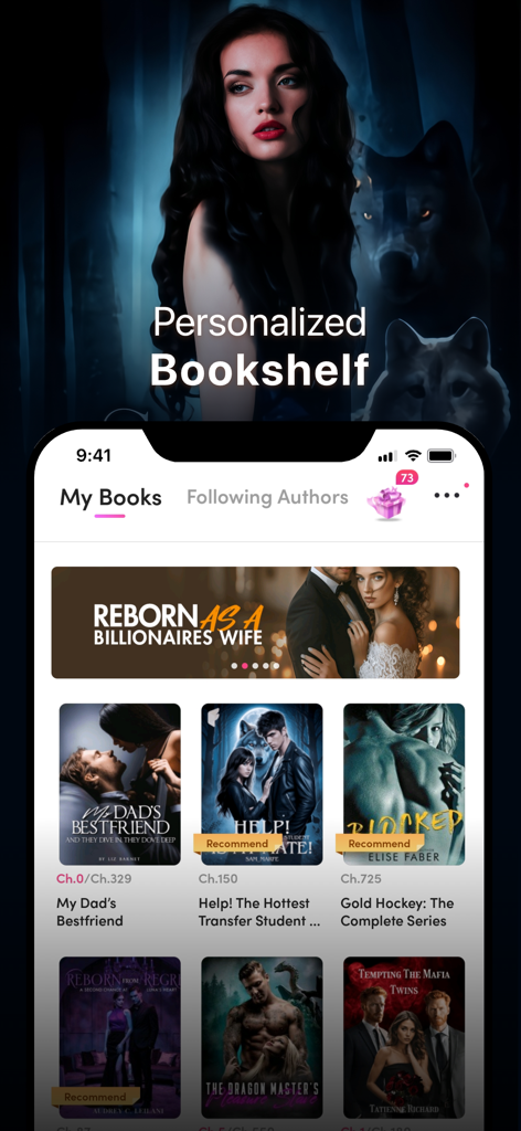 Personalisierte Bücherregal-Funktion in der My Fiction Geschichten- und Roman-App