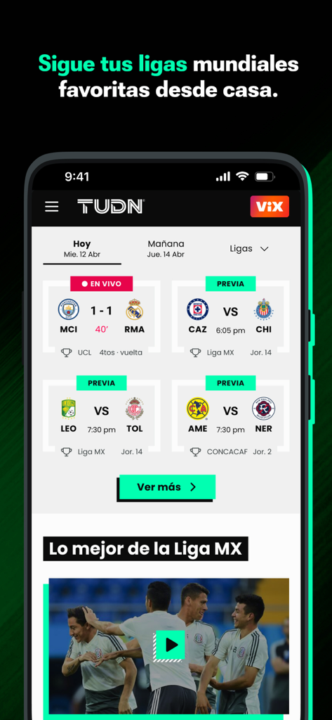 TUDN mobile app screen showing live soccer scores and match schedules for Liga MX and UEFA Champions League