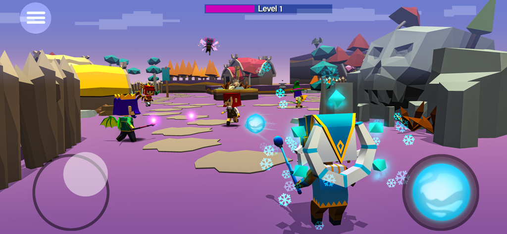 Low poly characters casting magic spells in a colorful Magica.io battle arena