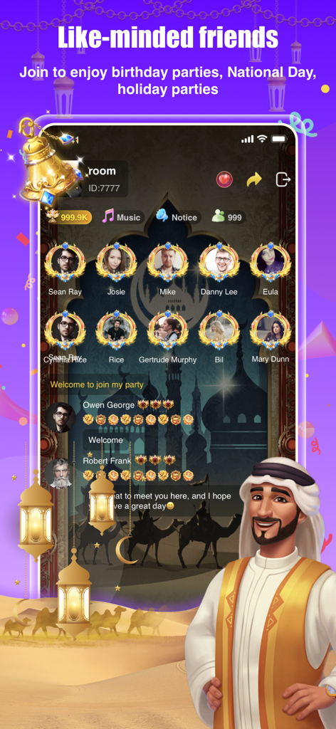 Una sala de chat de voz grupal en la aplicación Hamster Live con un fondo de temática árabe y avatares de perfiles de usuario en marcos dorados.