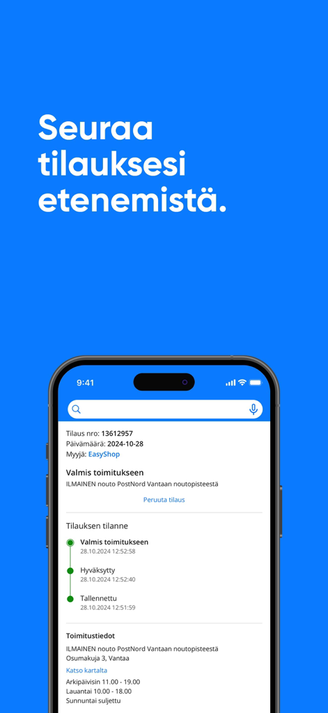 Hobbyhall.fi verkkokauppa - Hobbyhall app screen showing real time order status and tracking details