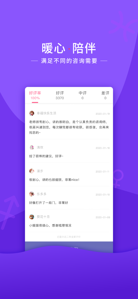情感帮-星座塔罗牌咨询爱情运势 - A mobile app interface displaying a 100 percent positive rating and user testimonials for emotional counseling and tarot services in Chinese.
