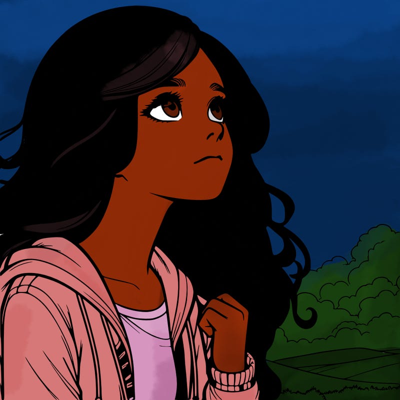 realistic girl looking at the sky