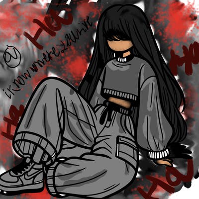 a girl with baggy pants and a crop top with long hair