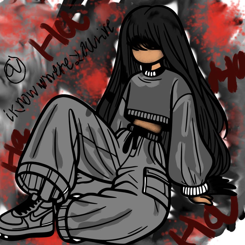 a girl with baggy pants and a crop top with long hair