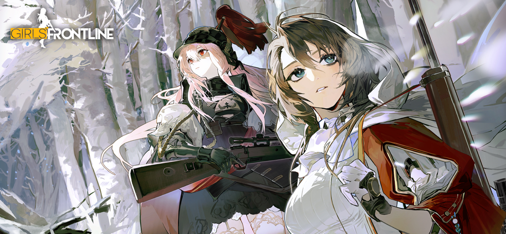 Two anime characters from Girls Frontline with tactical gear in a snowy forest setting