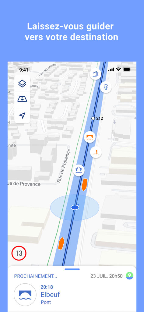 Interface cartographique de l'application Navi - VNF montrant un chemin de navigation fluviale avec des marqueurs pour les ponts et les écluses.