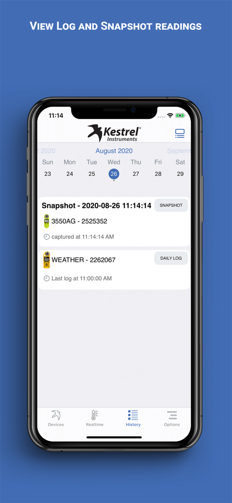 iPhone display showing the history of weather readings and snapshots in the Kestrel LiNK app.